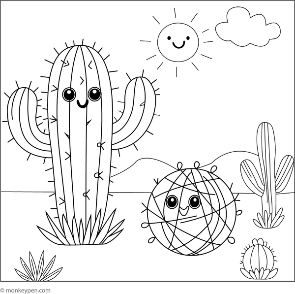 Cactus with a rolling tumbleweed colouring page, fun printable for kids to colour