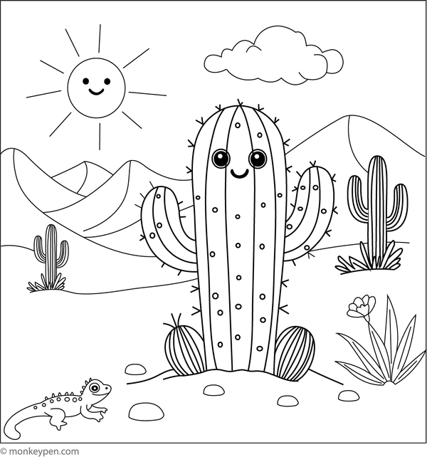 Cactus in a sandy desert colouring page, printable and fun activity for kids