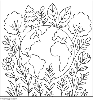 Earth surrounded by vibrant foliage, flowers, and trees, awaiting colouring