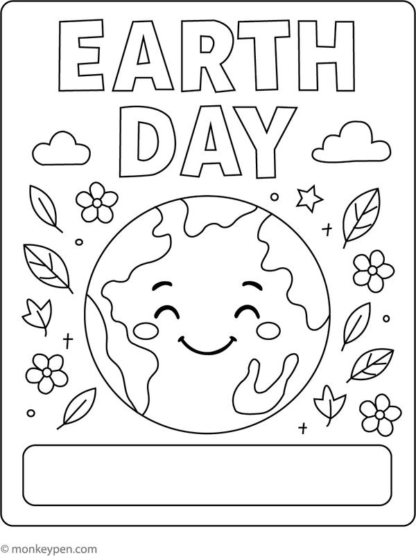 Earth Day poster with a central Earth surrounded by nature symbols, ready to be coloured.