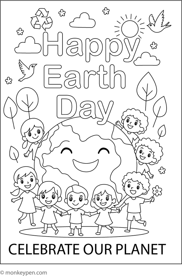 "Happy Earth Day" message with Earth surrounded by nature and wildlife, ready to be coloured.