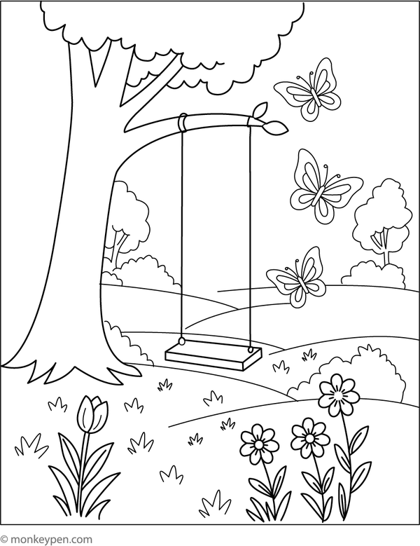Garden with a swing hanging from a tree, surrounded by flowers and greenery, ideal for colouring