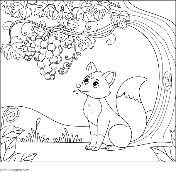 Illustration of a fox with a bunch of grapes, suitable for kids