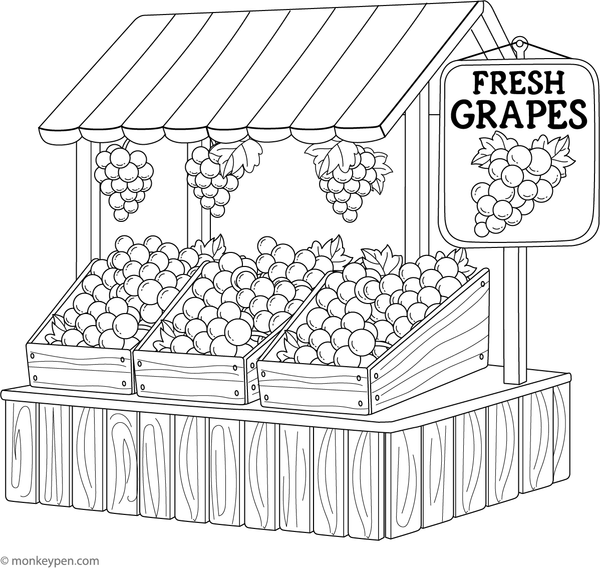 Free printable image of grapes in a market stand for children to color with