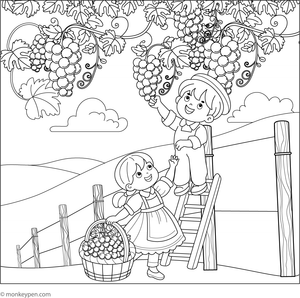 Illustration of children harvesting grapes from a vine for coloring