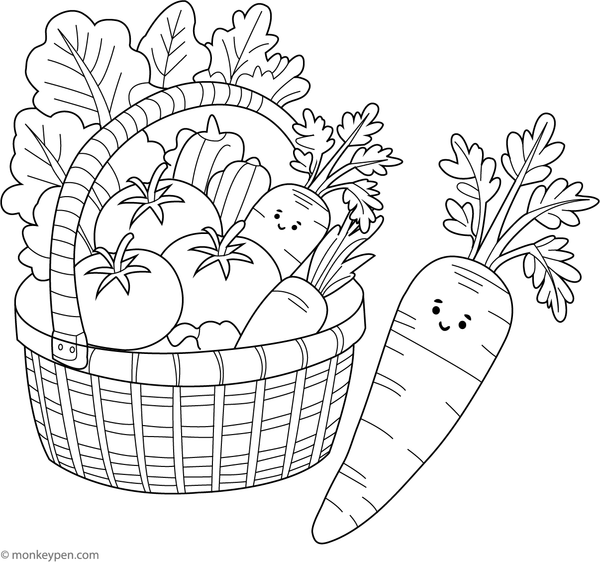 Children's coloring page featuring a single carrot within a vegetable basket, suitable for engaging children in coloring fresh vegetables and garden produce.