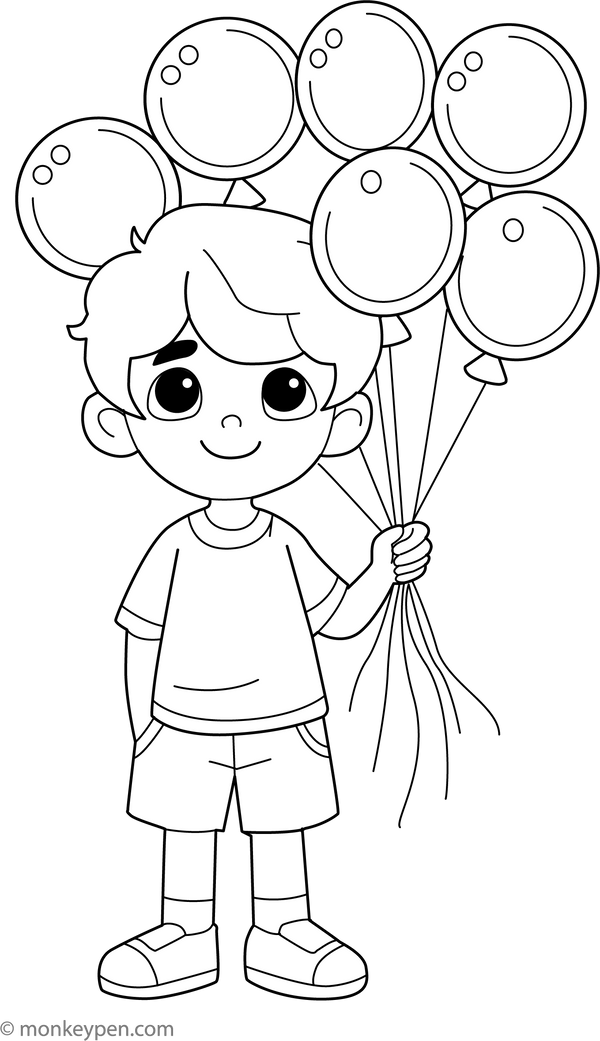 Boy Holding Balloons Coloring Page