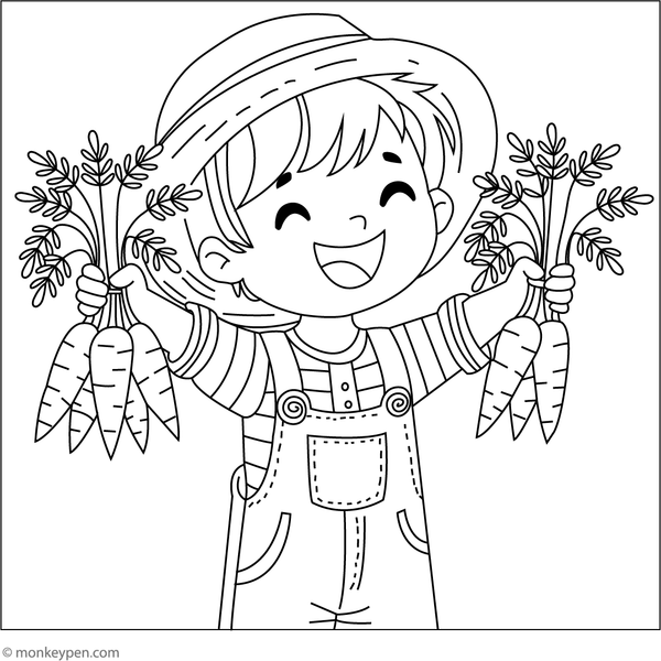 Coloring page illustrating a cheerful child holding fresh carrots, ideal for encouraging children to color healthy foods and joyful characters.