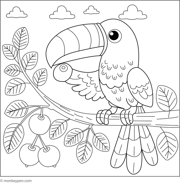 Children's coloring page depicting a toucan consuming a piece of fruit, ideal for activities focused on birds and natural scenes.