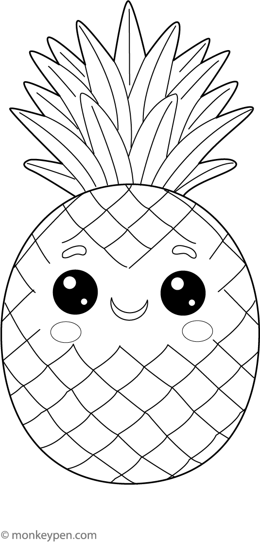 Smiling pineapple character colouring page, free printable for children.