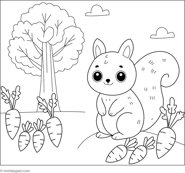 Playful coloring page showcasing a carrot with a dancing squirrel nearby, suitable for children to color vegetables and whimsical animals.