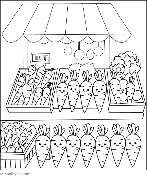Printable coloring page of a carrot displayed in a grocery market, engaging children in coloring healthy foods and market settings.