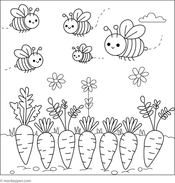 Coloring page illustrating carrots with bees nearby, ideal for children to color garden vegetables and pollinating insects.