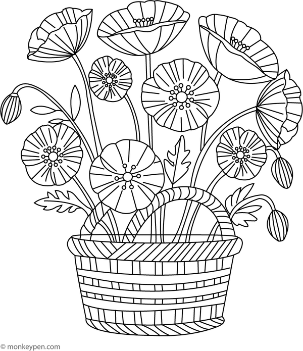 Basket of poppies colouring page, perfect for children to colour flowers and decorative baskets.