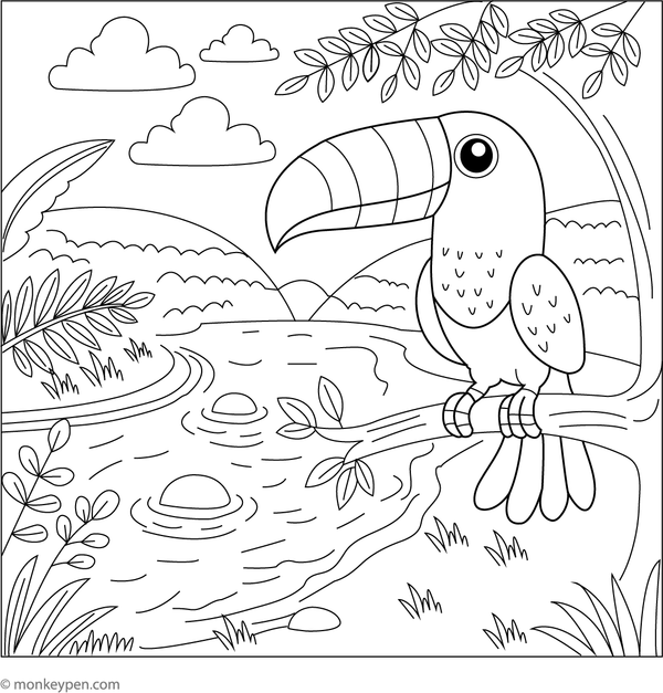 Printable coloring page of a toucan situated near a flowing river, perfect for water and landscape-based learning.