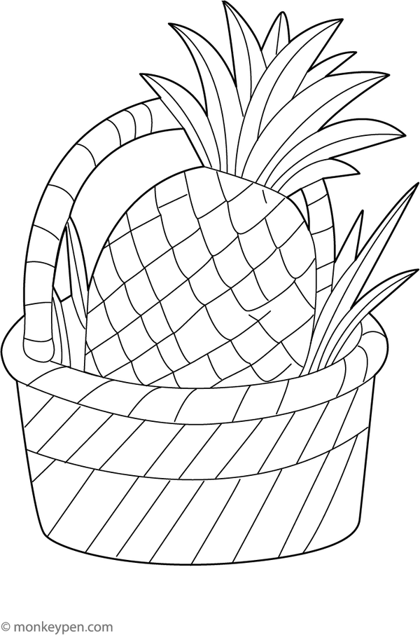 Pineapple in a basket colouring page, free printable for children.
