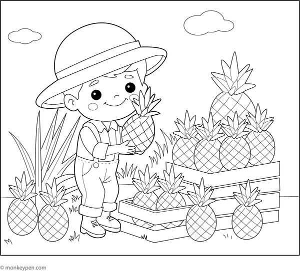 Farmer harvesting pineapple colouring page, free printable for children.