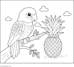 Pineapple with a parrot colouring page, free printable for children.
