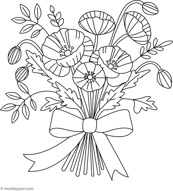 Colouring page of a bouquet of poppies tied with a ribbon, perfect for children to practice colouring flowers and decorative accessories.