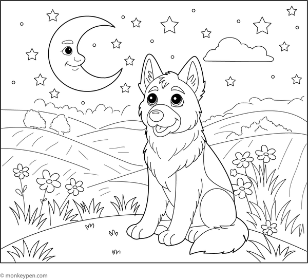 Printable children’s colouring page of a German Shepherd sitting under a glowing moon, perfect for colouring night-time outdoor scenes.