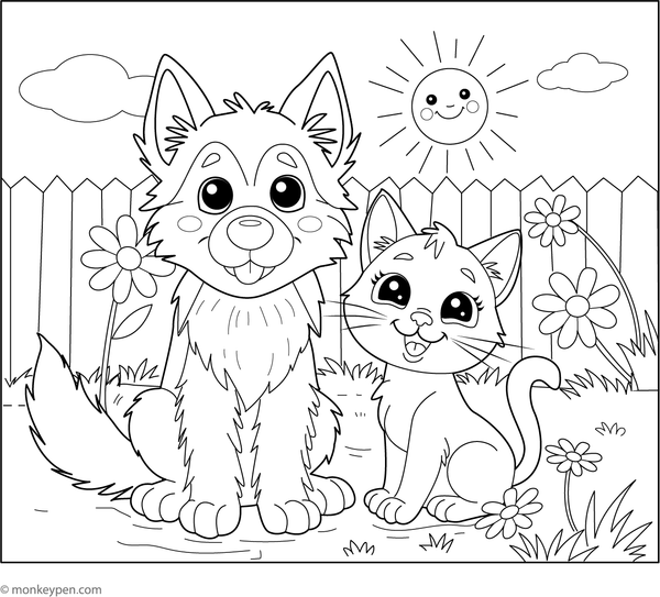 Children’s colouring page showing a German Shepherd happily sitting next to a friendly cat, fun for colouring pets together.