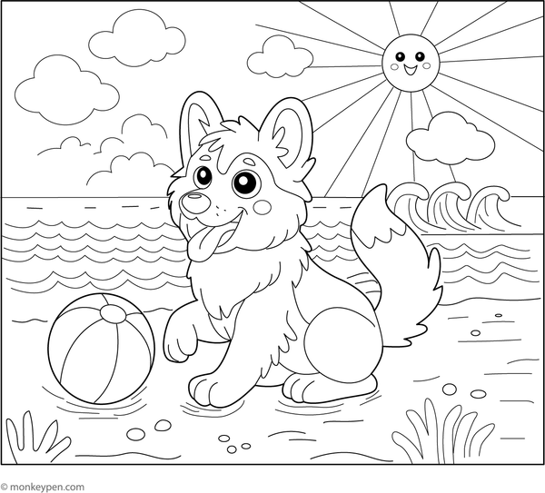 Colouring page of a German Shepherd playing on the sandy beach, ideal for kids to colour dogs and seaside fun.