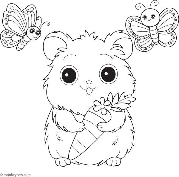 Illustration of a hamster holding a carrot, suitable as a printable colouring activity for children.