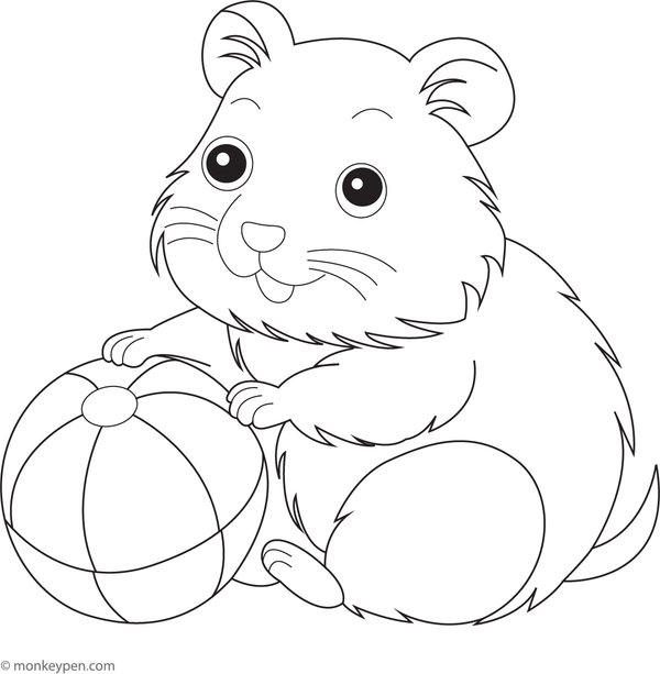 Printable colouring sheet of a hamster rolling a ball, suitable for children's activities