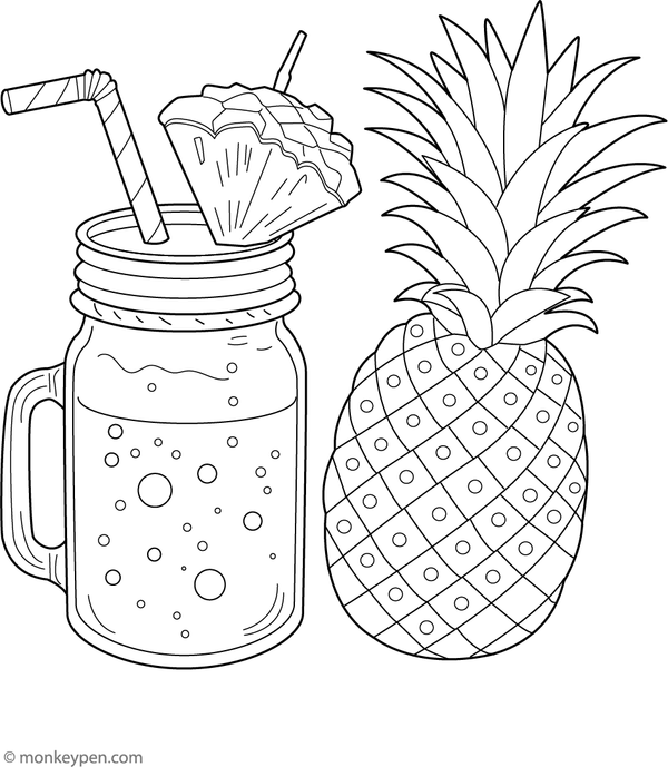 Pineapple smoothie in a jar colouring page, free printable activity for children.