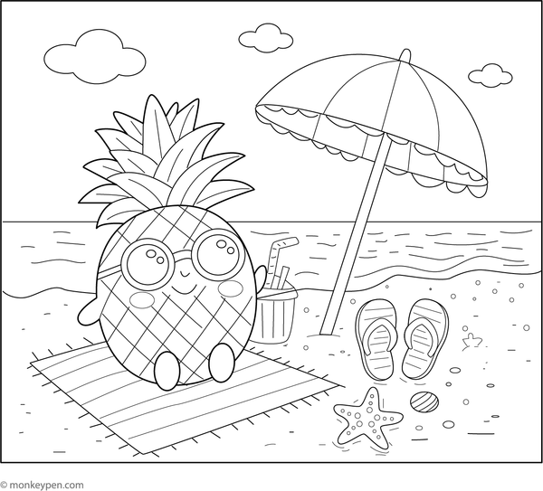 Pineapple on a tropical beach colouring page, free printable for children.