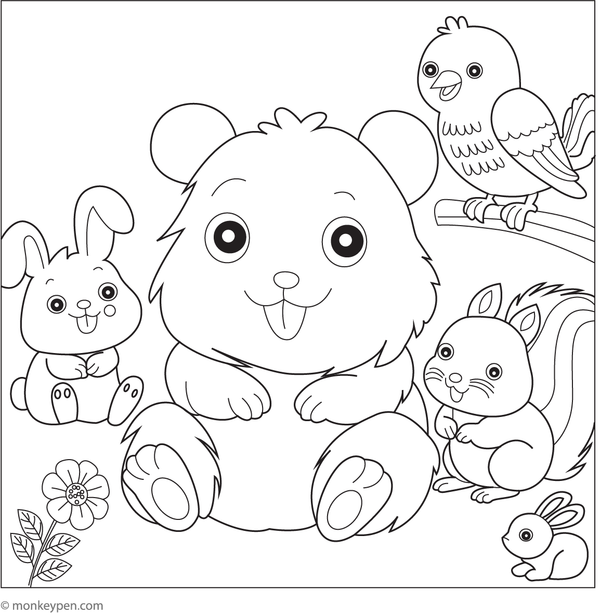 Illustration of a smiling hamster with its animal friends, suitable for group or social activity resources.