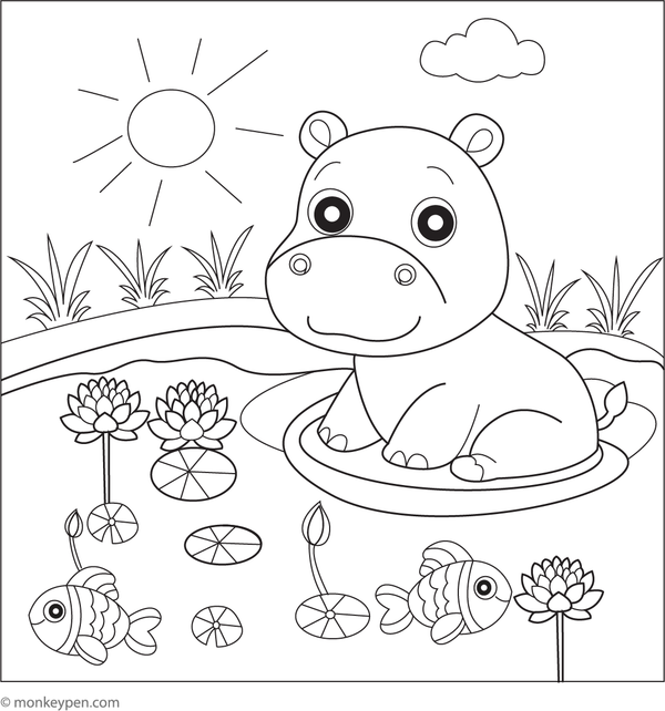 Printable colouring page of a cheerful hippo enjoying a splash in a river, suitable for children.
