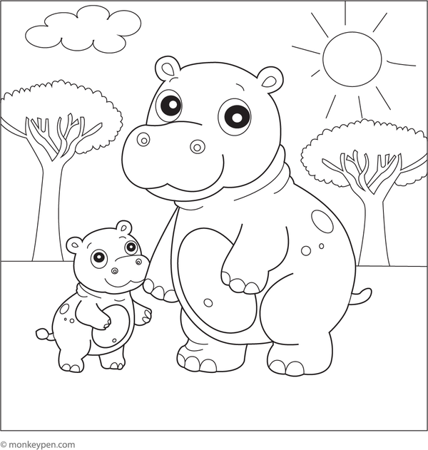Printable colouring page of a mother hippo with her young calf