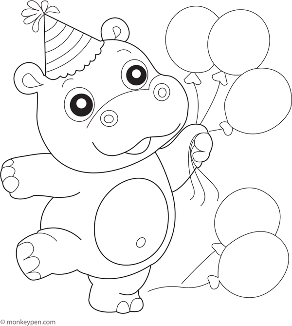 Printable colouring page of a hippo dancing happily