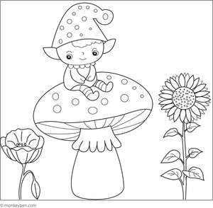 Printable coloring page of a small elf perched atop a mushroom, suitable for children