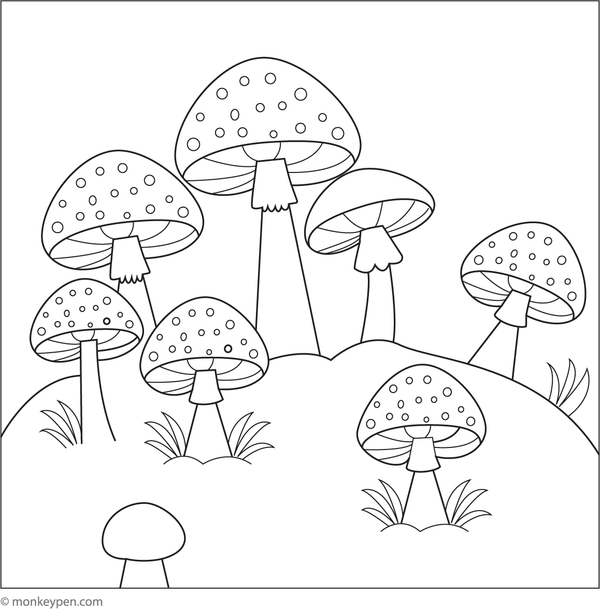 Printable coloring page illustrating mushrooms emerging from soil, ideal for children.
