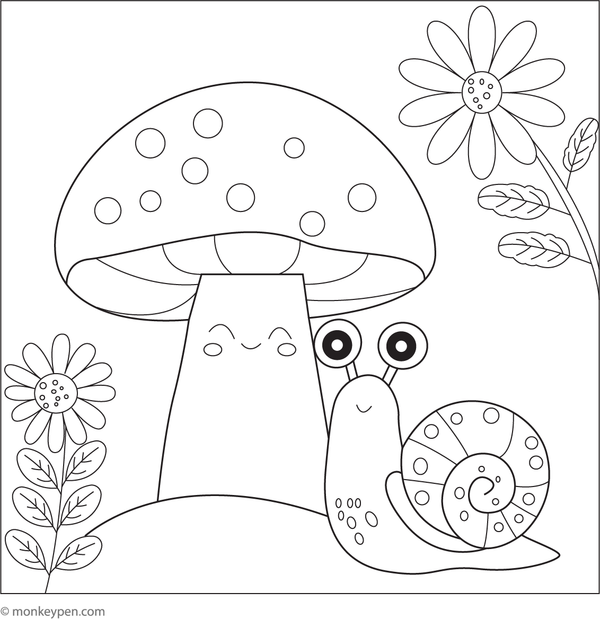 Free printable coloring page of a mushroom with a cheerful snail, suitable for children.