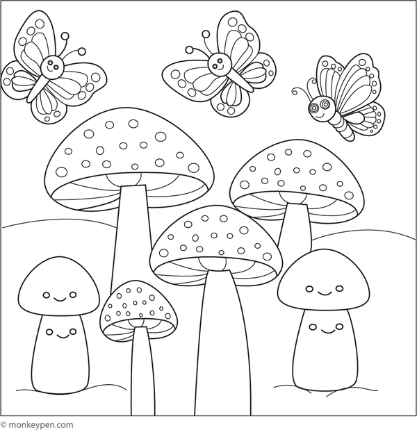 Printable coloring page featuring mushrooms and butterflies, engaging for young artists