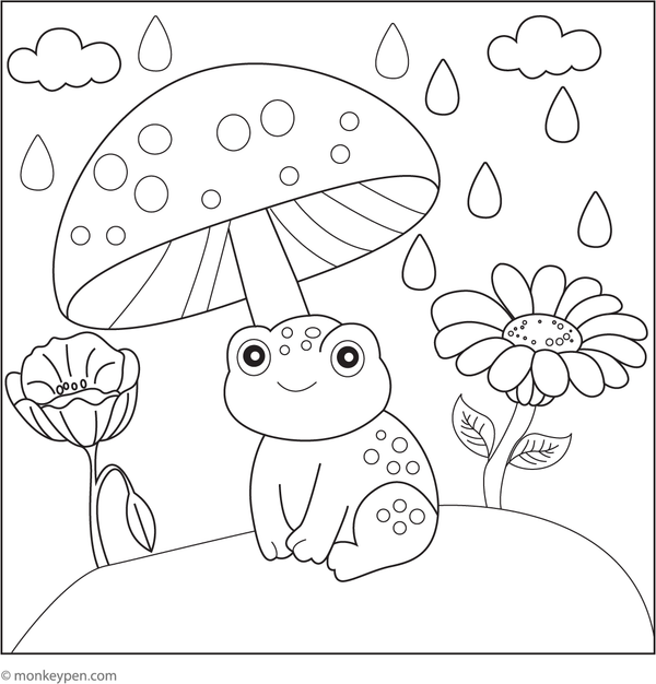 Printable coloring page of a small toad under a mushroom acting as an umbrella, suitable for children