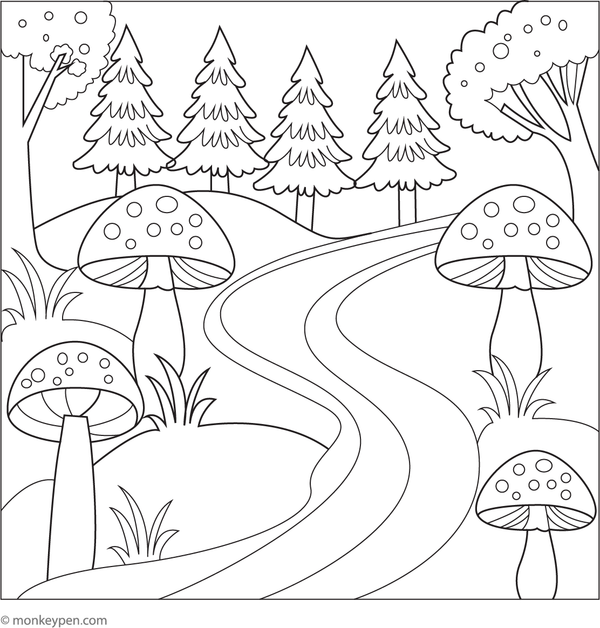 Printable coloring page of mushrooms near a stream