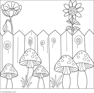Printable coloring page showing mushrooms growing beside a wooden fence in a natural outdoor scene suitable for children