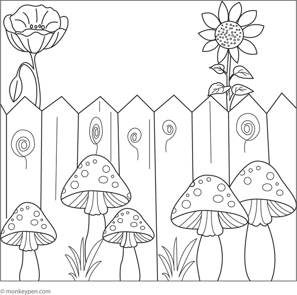 Printable coloring page showing mushrooms growing beside a wooden fence in a natural outdoor scene suitable for children