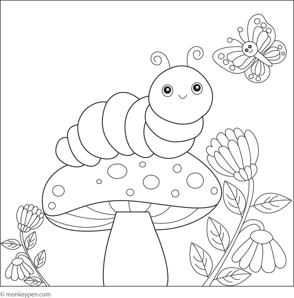 Printable coloring page of a caterpillar on a mushroom cap in a playful forest scene suitable for children