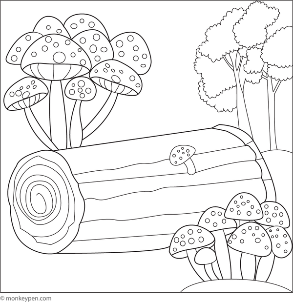 Printable coloring page of mushrooms growing by a wooden log in a forest setting suitable for children