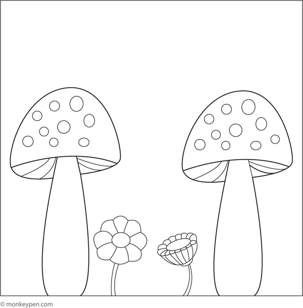 Free printable colouring page of a single simple mushroom, beginner-friendly scene for kids