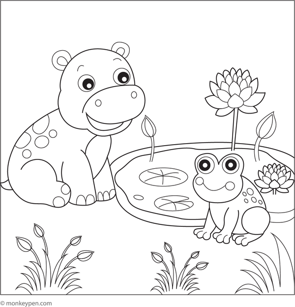 Free printable coloring page of a hippo interacting with a frog, suitable for early learners
