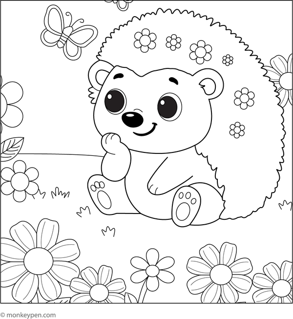 A hedgehog exploring a vibrant flower garden with various blooms and greenery, perfect for coloring fun