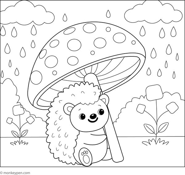 A hedgehog seated beneath a large mushroom acting as an umbrella, prepared for children's coloring