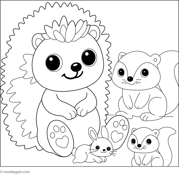 A hedgehog playing with forest friends such as rabbits and birds in a woodland setting for coloring