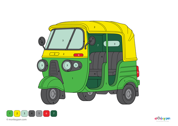 Downloadable autorickshaw color-by-number worksheet for kids featuring a three-wheeled rickshaw, encouraging number recognition and creativity through this fun, free coloring activity.